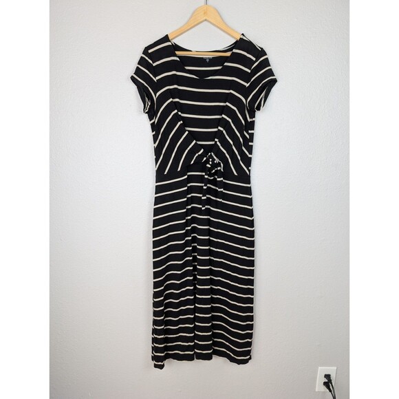 Garnet Hill Tencel Cotton Cap Sleeve Midi Dress Striped Black Size M - Picture 2 of 9
